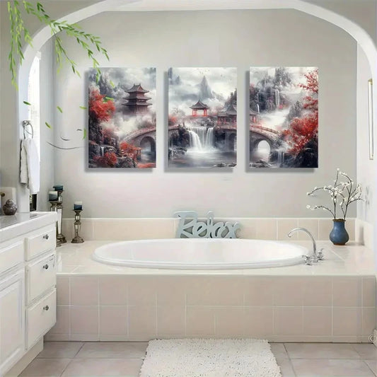 3pcs Traditional Chinese Landscape Painting Metal Print Ready to Hang Art