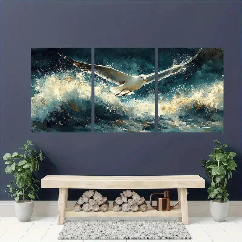 3pcs Seagulls Over Stormy Ocean Watercolor Metal Print Ready to Hang Art