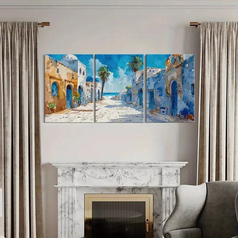 3pcs Palm Trees Coastal Buildings Mediterranean Metal Print Ready to Hang Art