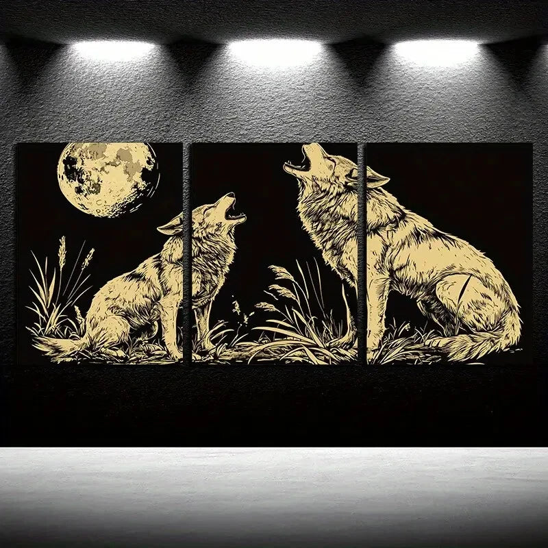 3pcs Wolf Under the Moon Dark Background Design Metal Print Ready to Hang Art