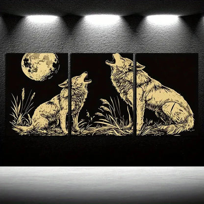 3pcs Wolf Under the Moon Dark Background Design Metal Print Ready to Hang Art