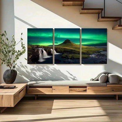 3pcs Nordic Aurora with Waterfall & Coastline Wall Art Set Canvas Framed 40x60cm - High Quality Print 100% Australian Made Wall Canvas Ready to Hang