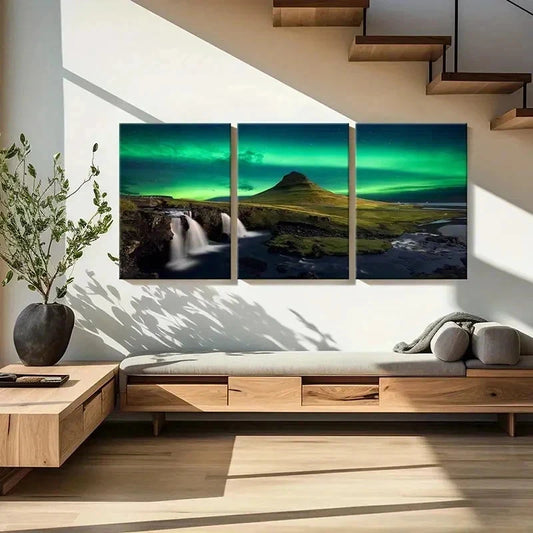 3pcs Nordic Aurora with Waterfall & Coastline Wall Art Set Canvas Framed 40x60cm - High Quality Print 100% Australian Made Wall Canvas Ready to Hang