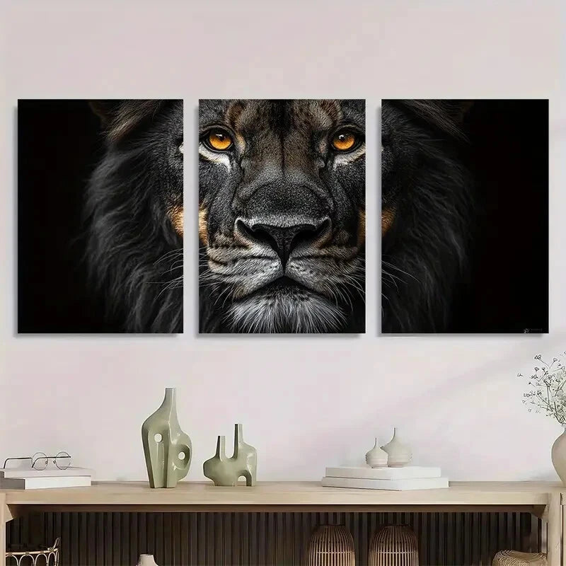 3pcs African Lion Black and White Metal Print Ready to Hang Art