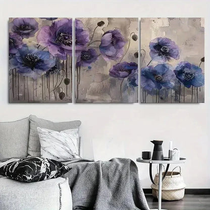 3pcs Modern Abstract Purple Poppy Floral Wall Art Set Canvas Framed 40x60cm - High Quality Print 100% Australian Made Wall Canvas Ready to Hang
