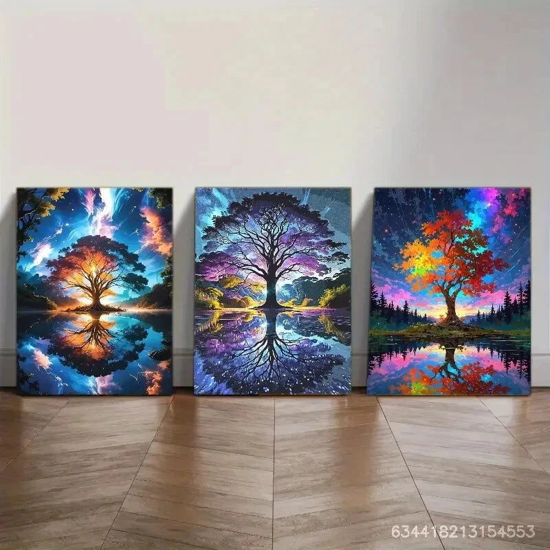 3pcs Elegant Fortune Tree Wall Art Colorful Metal Print Ready to Hang Art