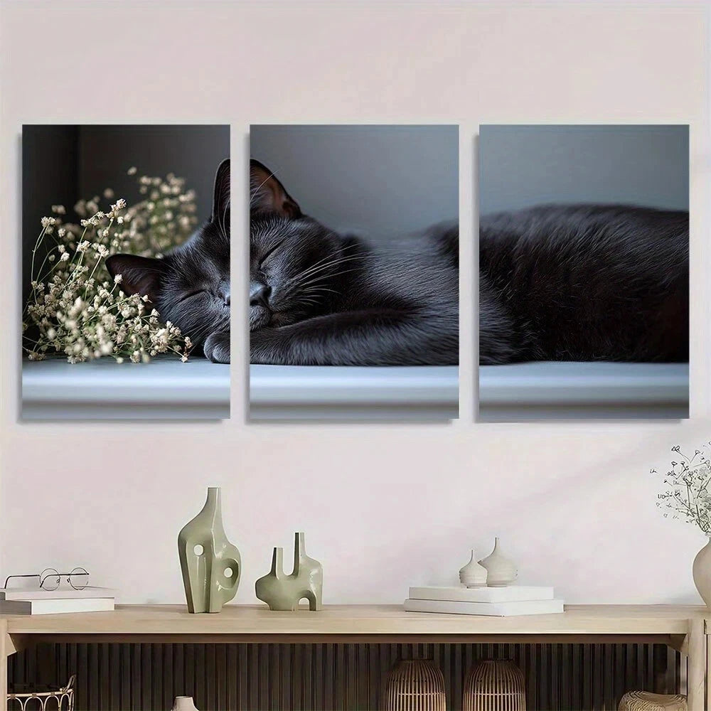 3pcs Black Cat Sleeping Retro Farmhouse Style Metal Print Ready to Hang Art