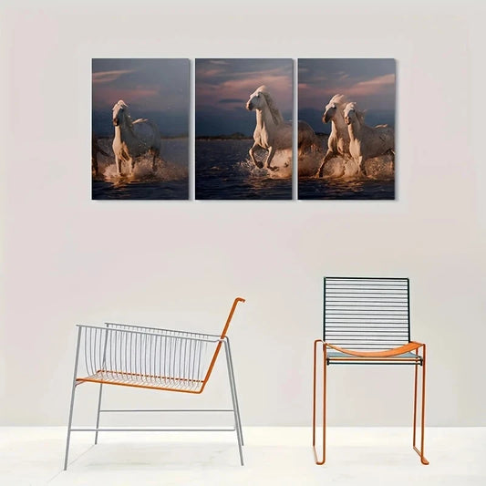 3pcs White Horses Running in Water Metal Print Ready to Hang Art