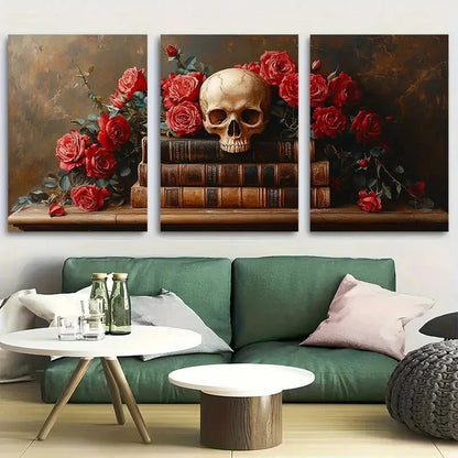 3pcs Vibrant Skull and Books Gothic with Roses Metal Print Ready to Hang Art