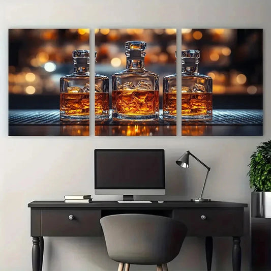 3pcs Elegent Whisky Bottle Rocks Bar Photography Metal Print Ready to Hang Art