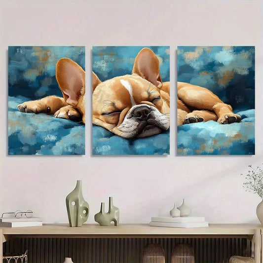 3pcs Bulldog Sleeping on the Bed Line Metal Print Ready to Hang Art