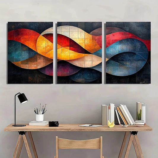 3pcs Abstract Geometric Vibrant Curves Metal Print Ready to Hang Art