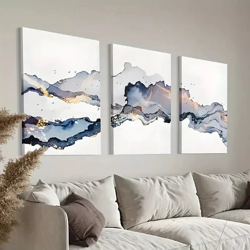 3pcs Blue Gold Smoke Wave Canvas Framed 60x90cm - High Quality Print 100% Australian Made Wall Canvas Ready to Hang