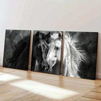 3pcs Black & White Animal Horses Artwork Wall Art Set Canvas Framed 50x70cm - High Quality Print 100% Australian Made Wall Canvas Ready to Hang