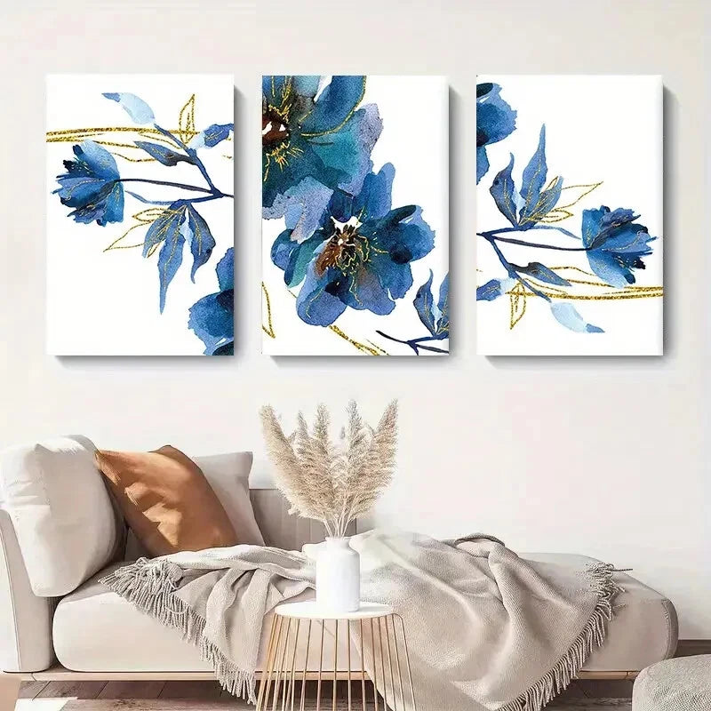 3pcs Blue Floral Watercolor Elegant Flower Design Metal Print Ready to Hang Art