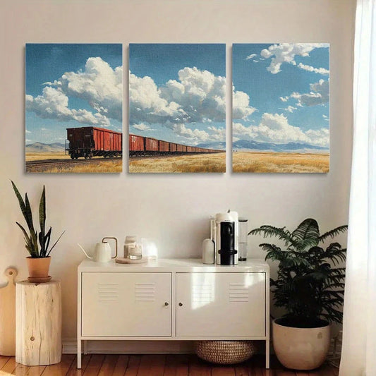 3pcs Vintage Cargo Train Black Freight Cars Metal Print Ready to Hang Art