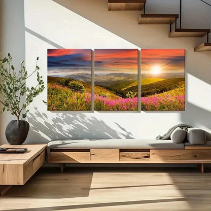 3pcs Mountain Wildflowers and Sunset  Wall Art Set Canvas Framed 40x60cm - High Quality Print 100% Australian Made Wall Canvas Ready to Hang