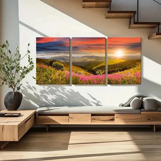 3pcs Mountain Wildflowers and Sunset  Wall Art Set Canvas Framed 40x60cm - High Quality Print 100% Australian Made Wall Canvas Ready to Hang