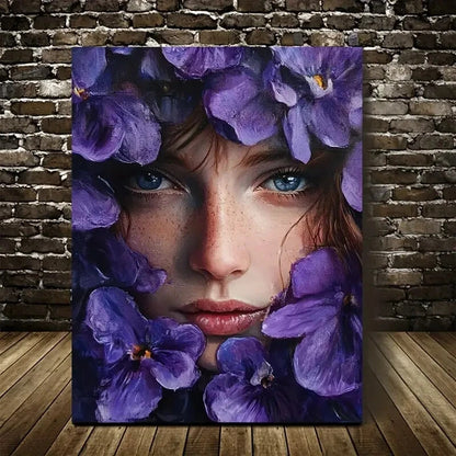 Purple Floral Portrait of Woman with Flowers Painting 40x60cm Metal Print Ready to Hang