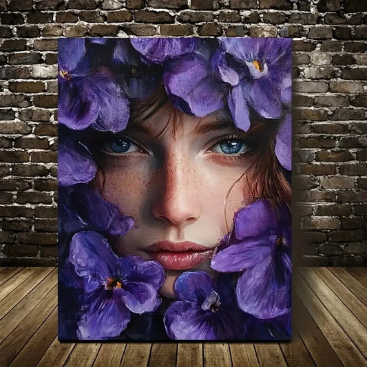 Purple Floral Portrait of Woman with Flowers Painting 40x60cm Metal Print Ready to Hang