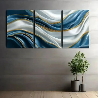 3pcs Abstract Blue and White Silk Waves Paintings Metal Print Ready to Hang Art