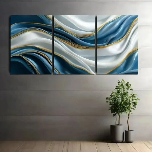 3pcs Abstract Blue and White Silk Waves Paintings Metal Print Ready to Hang Art