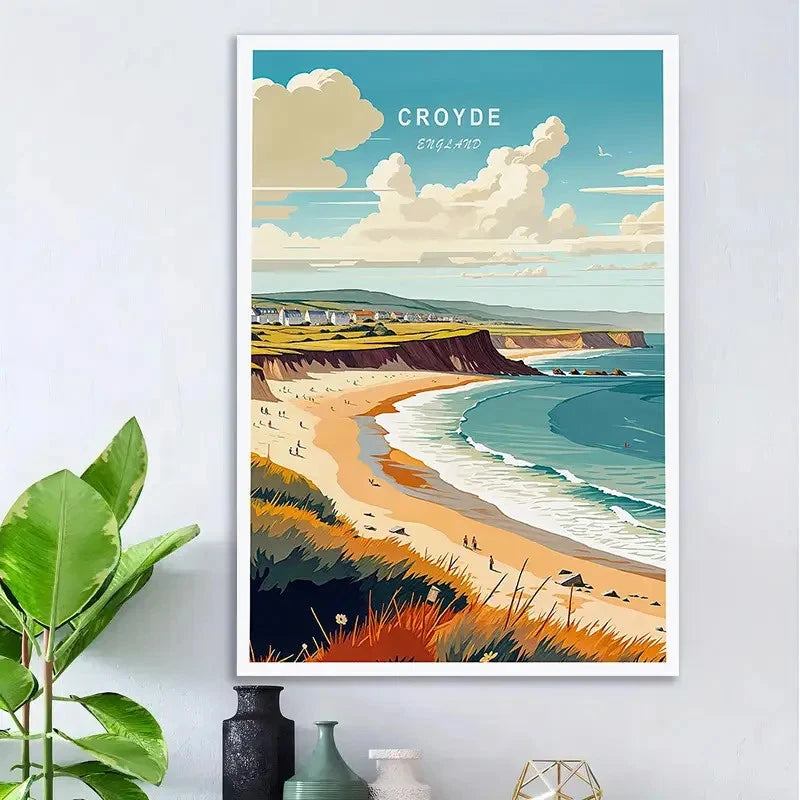 Vintage Croyde England Beach Coastal Landscape Travel Poster Print Wall Art+