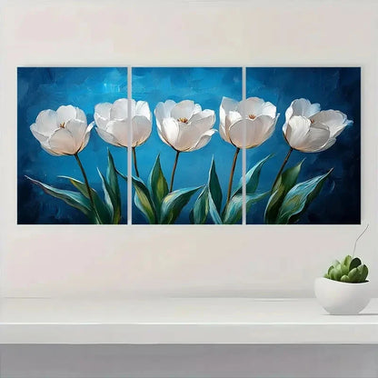 3pcs Elegant White Tulips Blue Background Floral Metal Print Ready to Hang Art
