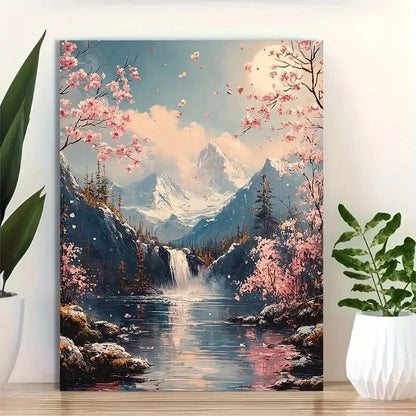 Beautiful Vibrant Pink Blossoms Mountain Painting 40x60cm Metal Print Ready to Hang