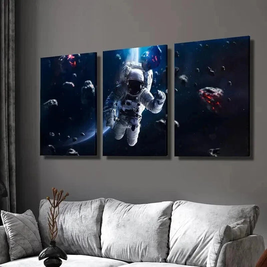 3pcs Astronaut Space Travelling Blue Planet Wall Art Set Canvas Framed 40x60cm - High Quality Print 100% Australian Made Wall Canvas Ready to Hang