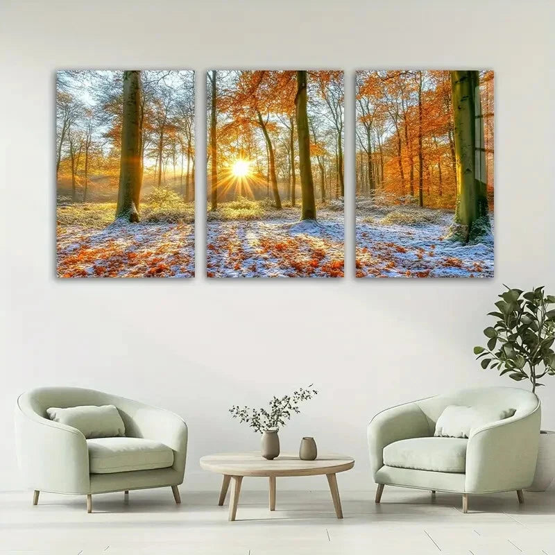 3pcs Stunning Autumn Sunset Forest Metal Print Ready to Hang Art