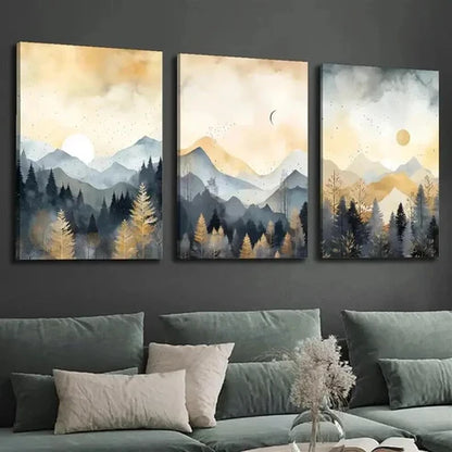 3pcs Misty Pine Forests Sunset & Moonlit Art Set Canvas Unframed - High Quality Print 100% Australian Made Wall Canvas