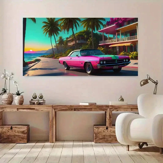 Pink Car Tree Ocean Sunset wall canvas office home room framed 120x60cm - Bella Home Decor