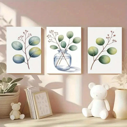 3pcs Botanical Prints with Blue & Green Leaves Metal Print Ready to Hang Art