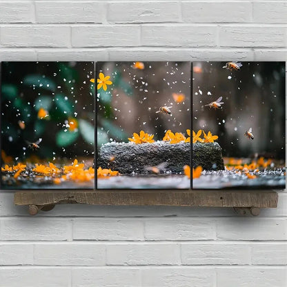 3pcs Bees on Osmanthus Green Leaves Metal Print Ready to Hang Art