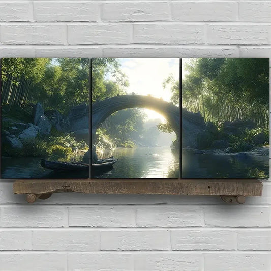 3pcs The Boatman Under The Stone Bridge Nature Metal Print Ready to Hang Art