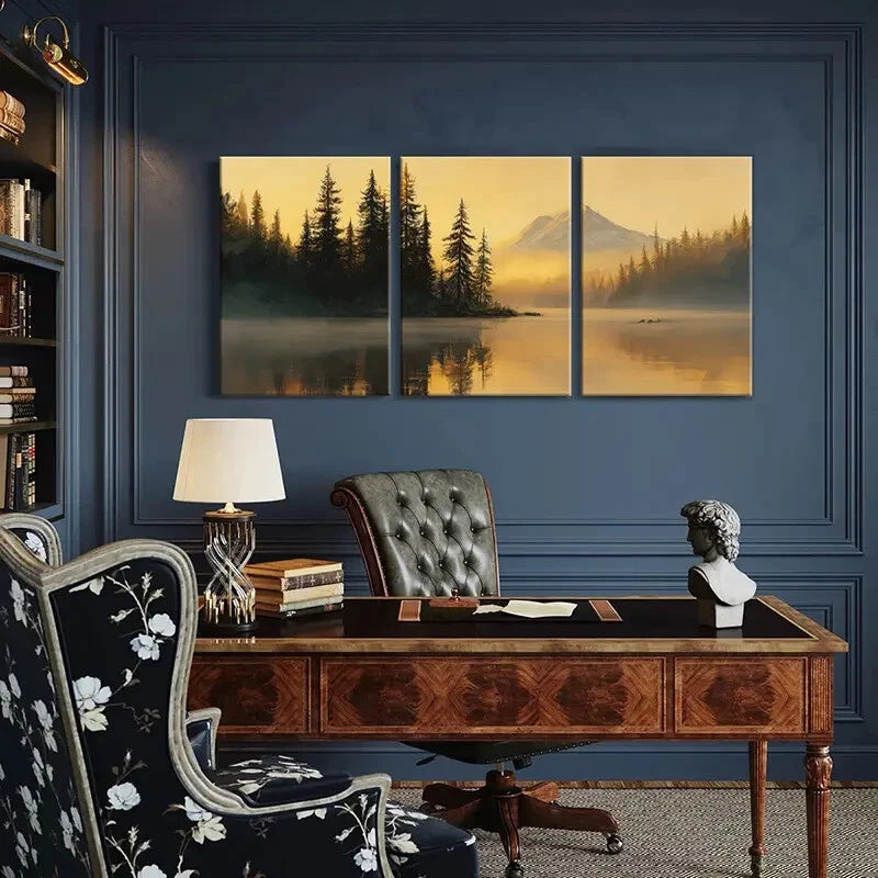 3pcs Sunset Mountain Reflection Pine Trees Calm Metal Print Ready to Hang Art