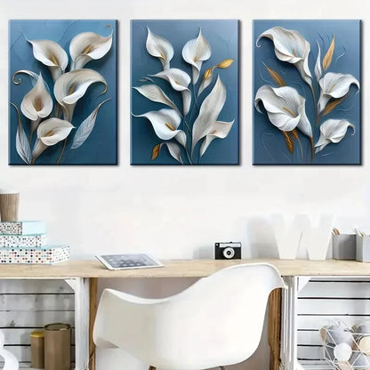3pcs Modern Floral Blue Minimalist Perfect Wall Art Set Canvas Framed 40x60cm - High Quality Print 100% Australian Made Wall Canvas Ready to Hang