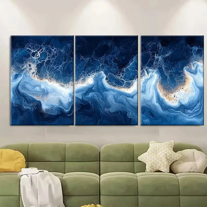 3pcs Ocean Inspired Blue and White Marbled Metal Print Ready to Hang Art