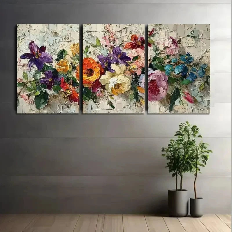 3pcs Vibrant Colorful Flower Arrangements Painting Metal Print Ready to Hang Art