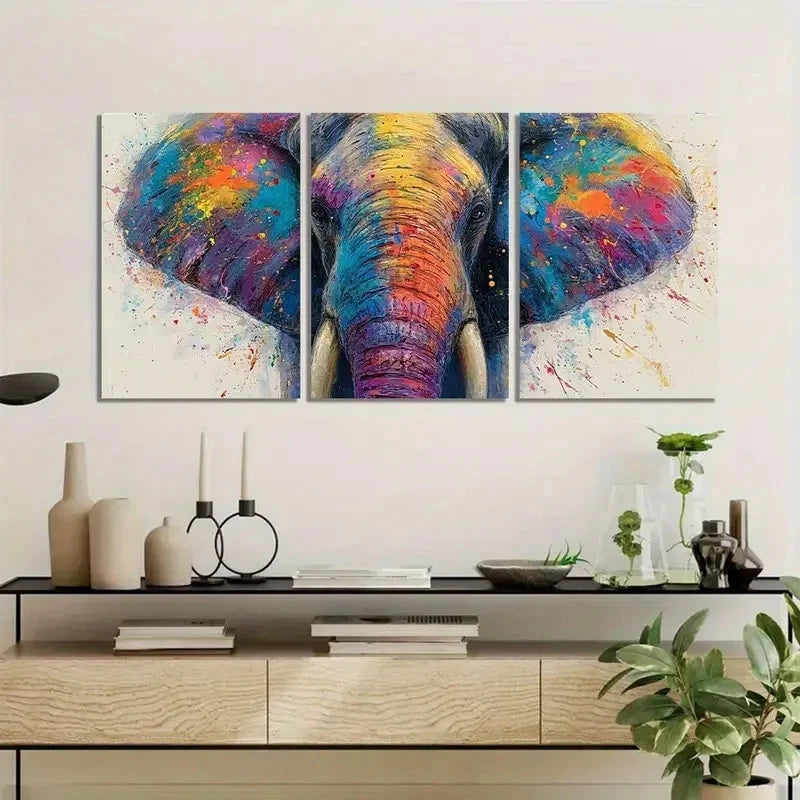 3pcs Colorful Splash Elephant Face Wall Art Metal Print Ready to Hang Art