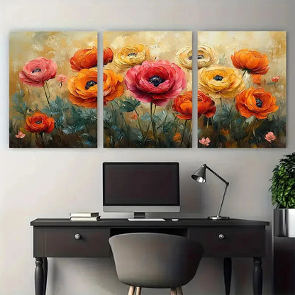 3pcs Ranunculus Flowers Textured Illustration Metal Print Ready to Hang Art