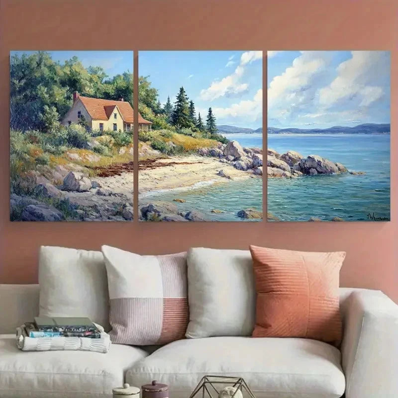 3pcs Coastal Landscape with House by a Rocky Beach Metal Print Ready to Hang Art
