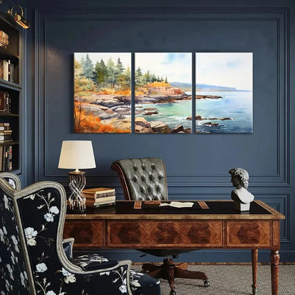 3pcs Watercolor Style Landscape Coastal Scenery Metal Print Ready to Hang Art