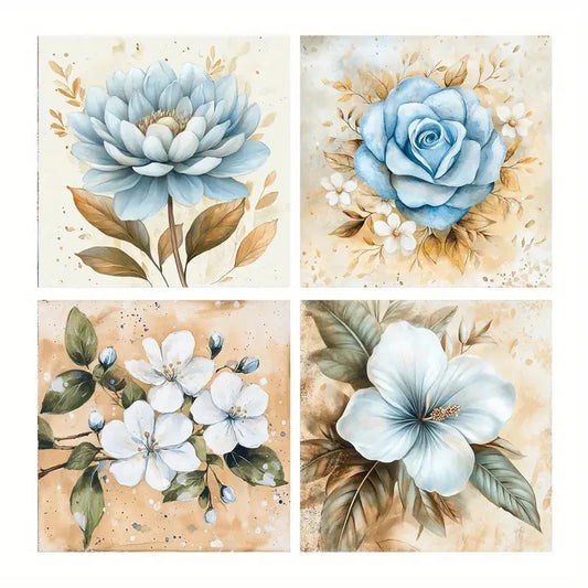 4pcs Blue Flower Paintings Wall Art Canvas Framed