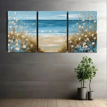 3pcs Beach Scene with Blue Water and Brown Grass Metal Print Ready to Hang Art