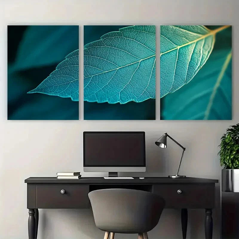 3pcs Vibrant Turquoise Green Veins Macro Leaf Metal Print Ready to Hang Art