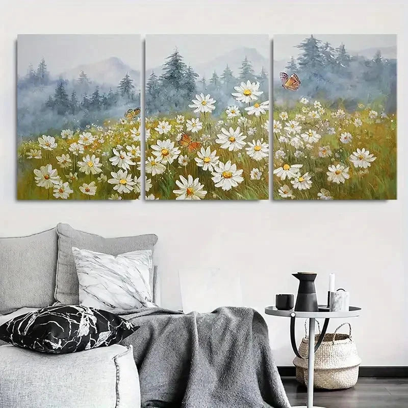 3pcs White Daisies Butterflies & Pine Trees Metal Print Ready to Hang Art
