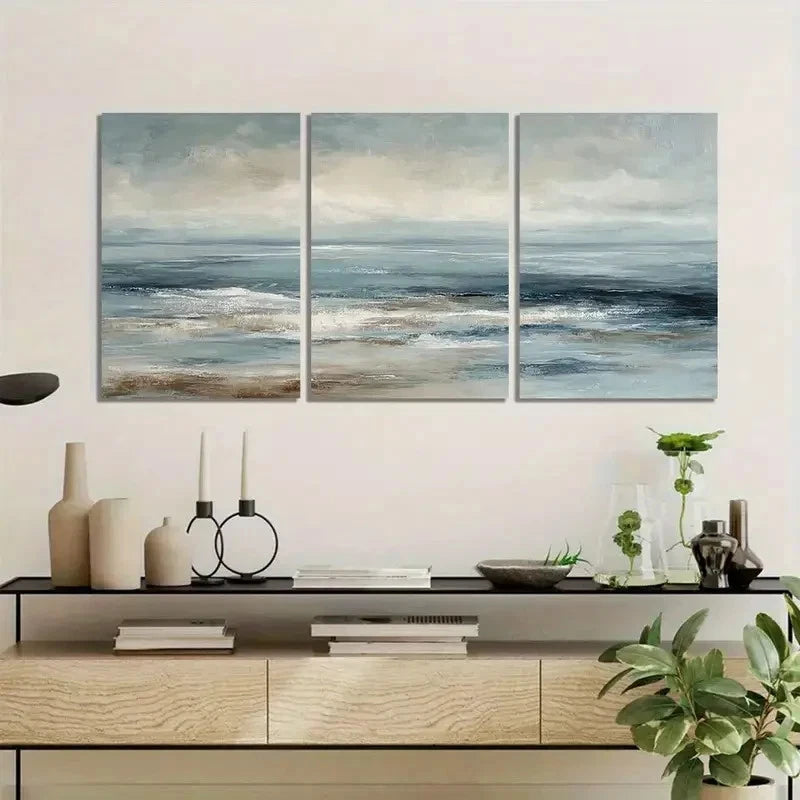 3pcs Muted Ocean Oil Painting Poster Metal Print Ready to Hang Art