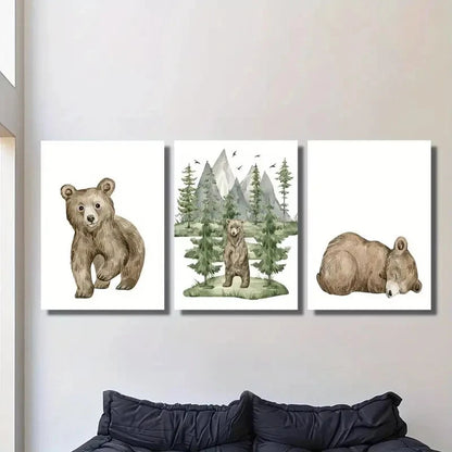 3pcs Charming Cartoon Bear &amp; Forest Watercolor Metal Print Ready to Hang Art